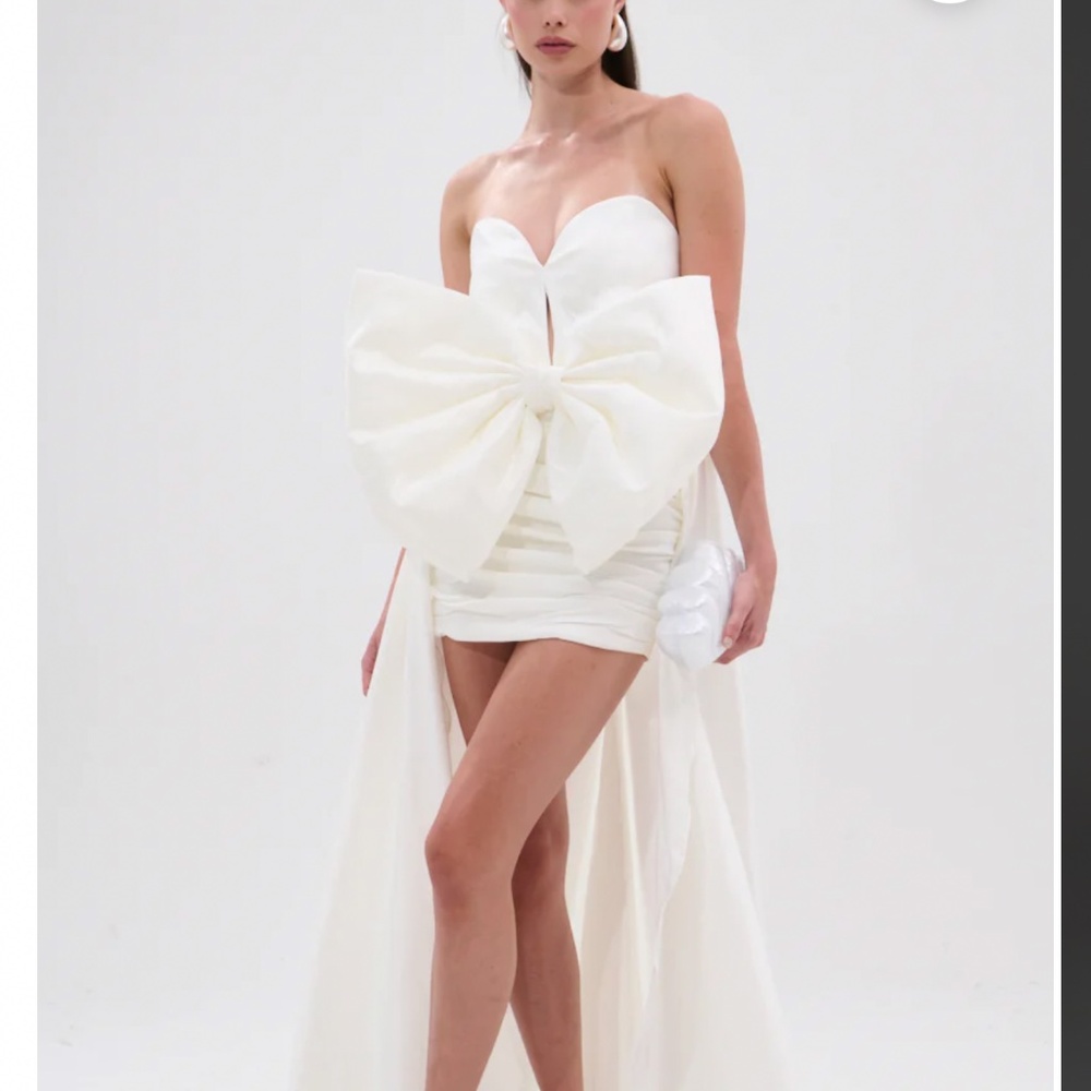 SHE IS THE MOMENT MINI DRESS WITH TRAIN IN WHITE - XL